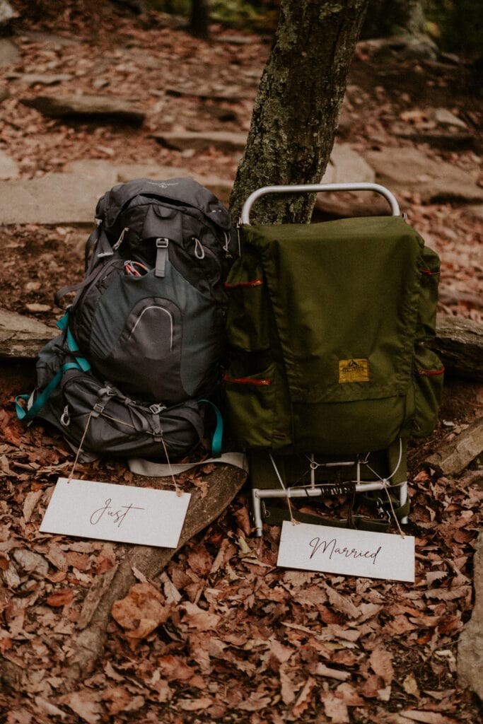 matching hiking backpacks with just married signs