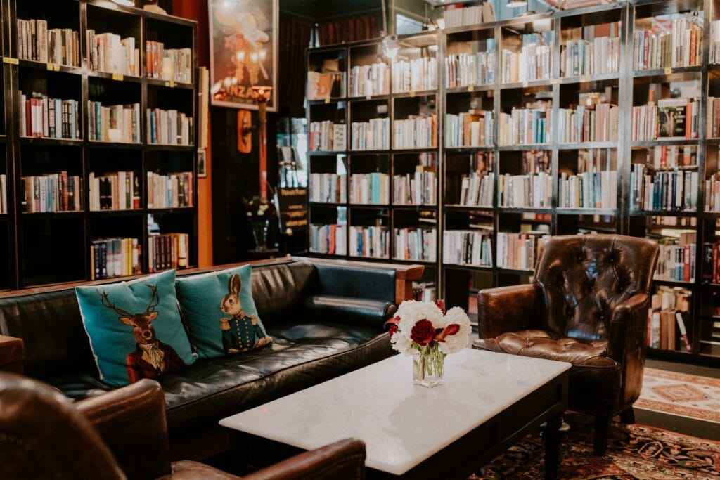 Bookshop with leather armchairs and couch