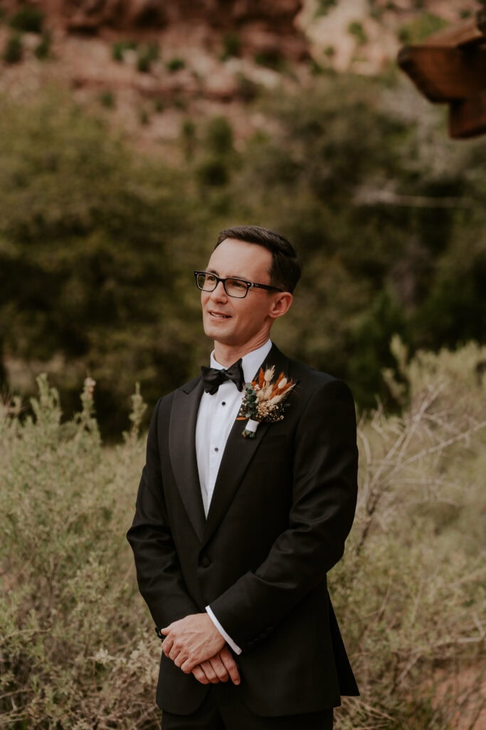 Bride and Groom on Pa’rus Trail Spring Elopement Portraits in Zion National Park
