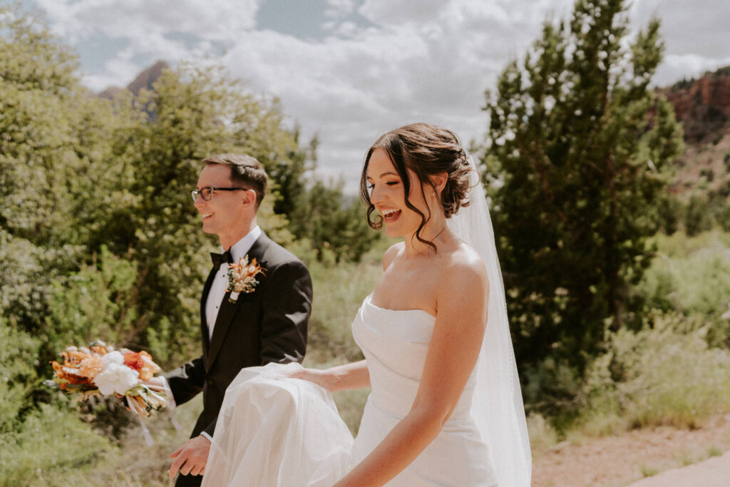 Bride and Groom on Pa’rus Trail Spring Elopement Portraits in Zion National Park