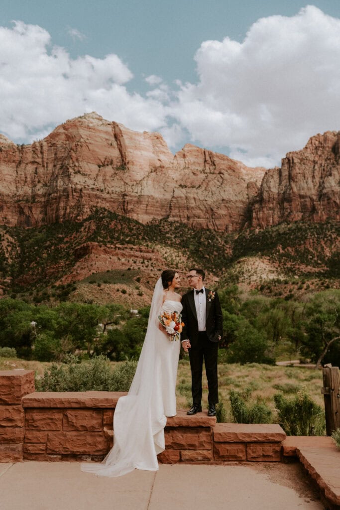 Bride and Groom on Pa’rus Trail Spring Elopement Portraits in Zion National Park