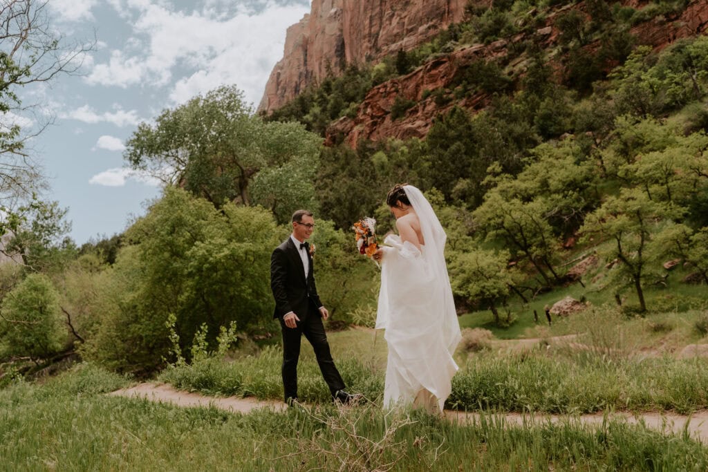 First Look Bride and Groom at Zion National Park Lodge
