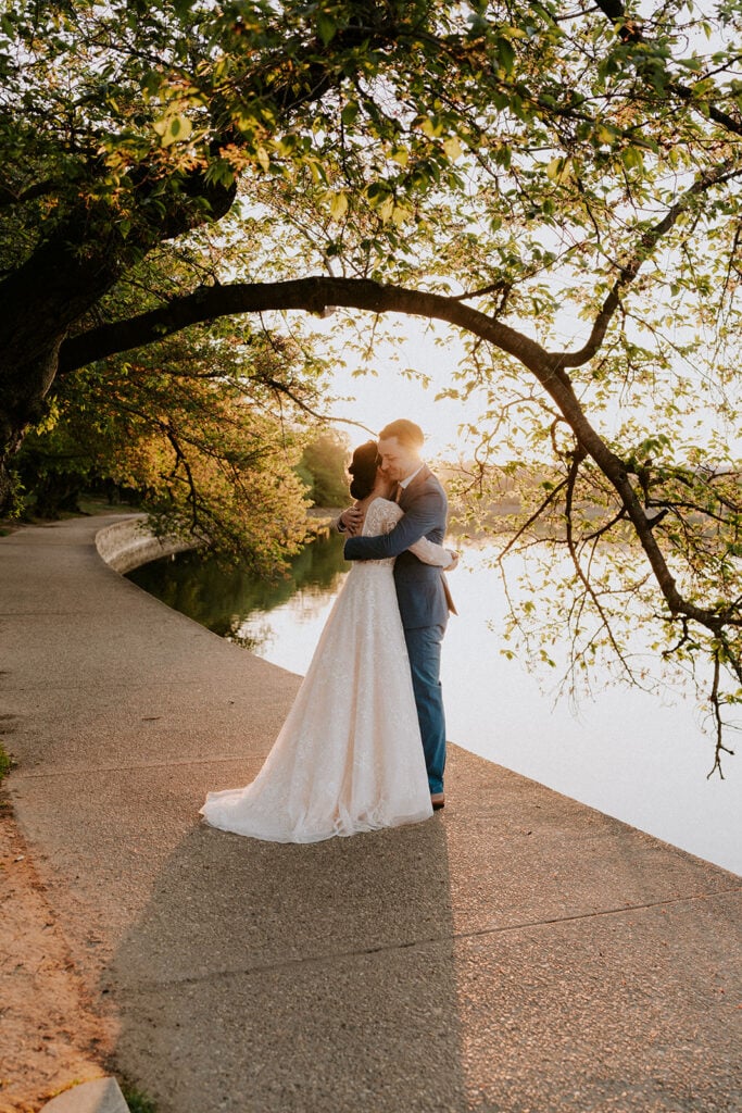 bride and groom during golden hour at the tidal basin, DC