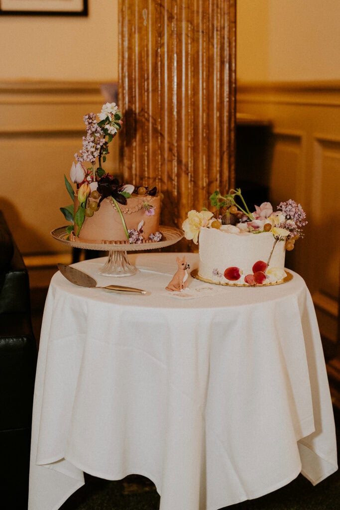 wedding cakes set up on a table