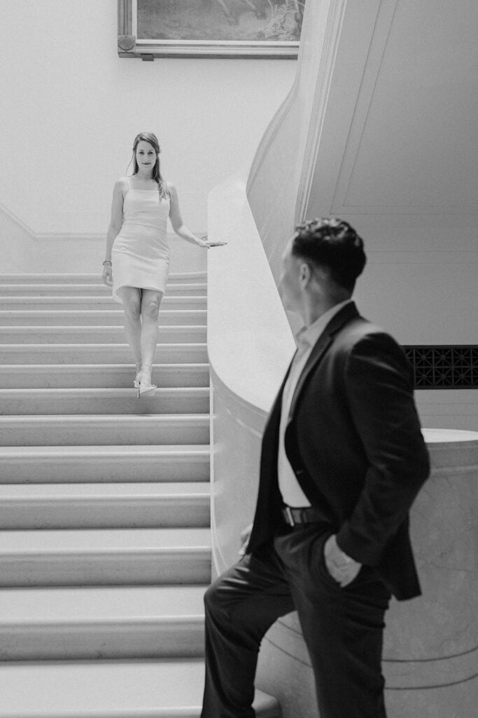 bride and groom wandering the national gallery of art together during their washington dc elopement