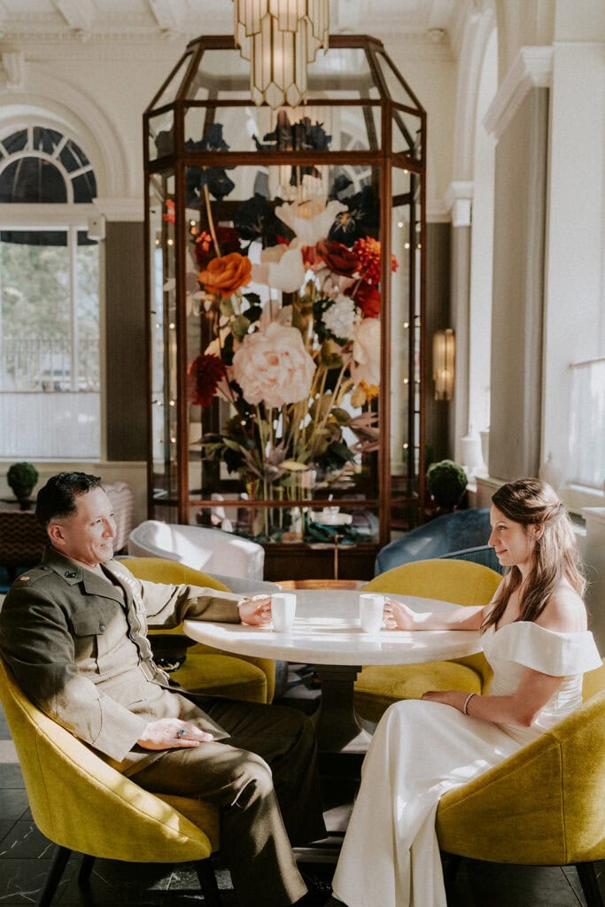 bride and groom having brunch